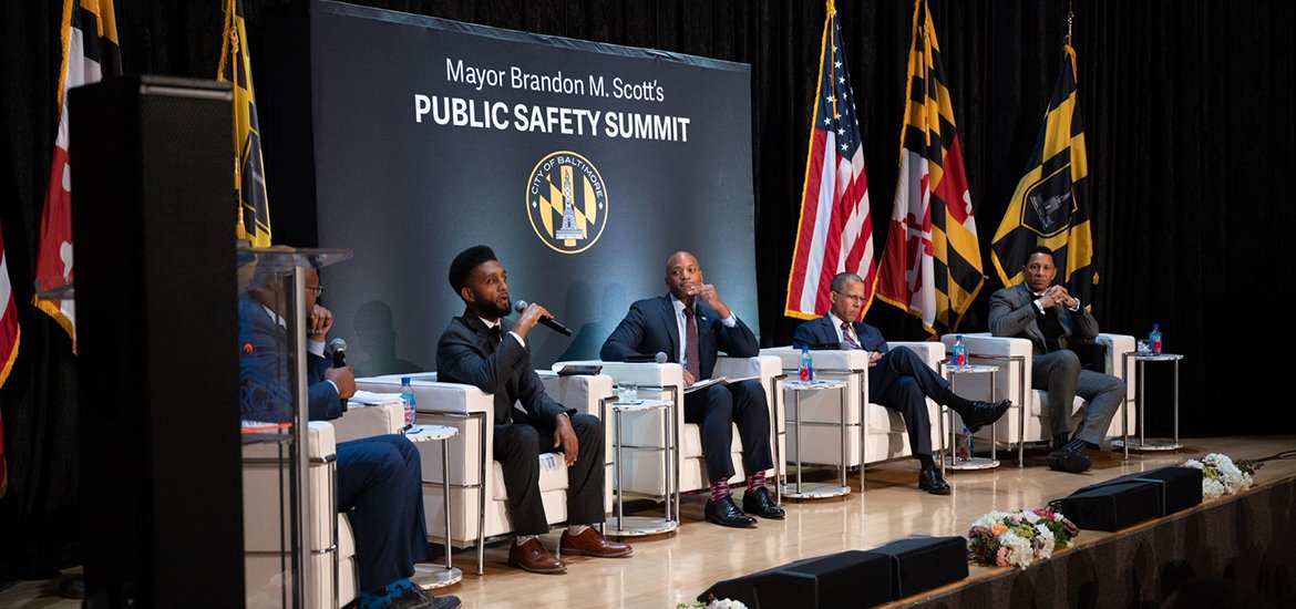 Mayor Scott takes the stage with Governor Wes Mooor, Baltimore States Attorney Ivan Bates, Maryland Attorney General Anthony Brown furing Public Safety Summit