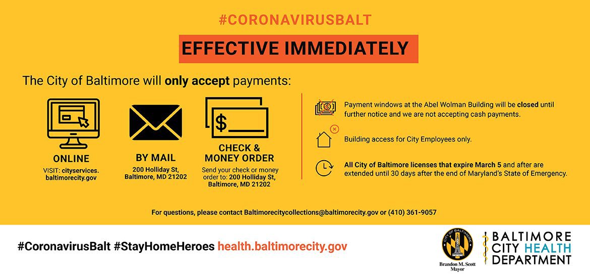 Effective immediately; City of Baltimore will only accept payments online or by mail 